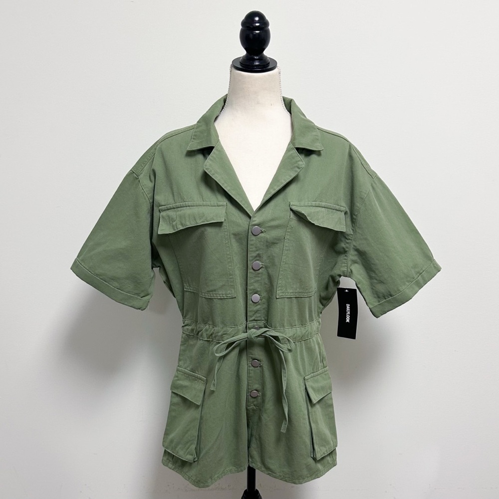 Pinch Green Button Up Short Sleeve Collar Boiler Utility Cargo Tie Romper Small